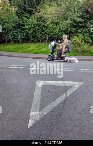 Eine Frau geht mit ihrem Hund mit einem Moped, Porlock, Somerset Stockfoto