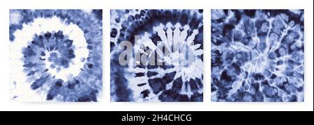 Indigo Tie Dye Spirale. Hippie-Hemdmuster. Zirkuläre Künstlerische Malerei. Tie Dye Spiral in der Wirkung der 60er Jahre. Cool Stock Vektor