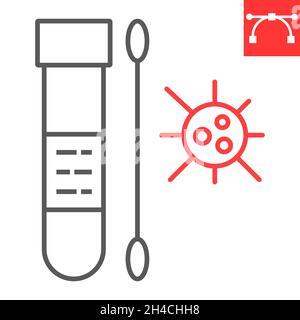 Coronavirus-Tupfer-Testliniensymbol, Diagnose und Covid, Reagenzglas mit Vektorsymbol für Wattestäbchen, Vektorgrafiken, bearbeitbares Konturumrisszeichen, eps 10. Stock Vektor