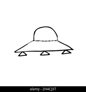 Aufkleber „Doodle Space“. Niedliche fliegende Untertassen isoliert auf weißem Hintergrund. Skizzieren Sie astronomische Objekte. UFO, Raumschiffe futuristisches Skizzenschild. Hand-dra Stock Vektor