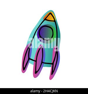Heller Raum Doodle Aufkleber. Rakete auf weißem Hintergrund isoliert. Gradient violett, orange, blau neonfarben astronomisches Objekt. Raumschiff Symbol von tr Stock Vektor