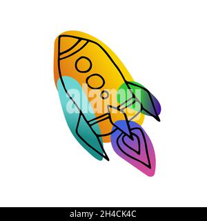 Heller Raum Doodle Aufkleber. Rakete auf weißem Hintergrund isoliert. Gradient violett, orange, blau neonfarben astronomisches Objekt. Raumschiff Symbol von tr Stock Vektor