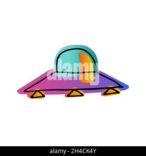 Heller Raum Doodle Aufkleber. Handgezeichnete fliegende Untertasse isoliert auf weißem Hintergrund. Gradient orange, blau neonfarben astronomisches Objekt. UFO, Spacesh Stock Vektor