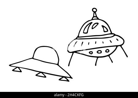 Doodle Space Aufkleber Set. Fliegende Untertassen isoliert auf weißem Hintergrund. Skizzieren Sie astronomische Objekte. UFO, Raumschiffe futuristisches Skizzenschild. Handzeichnen Stock Vektor