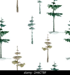 Skandinavisches handgezeichnetes nahtloses Muster mit Wald. Minimalistischer nordischer Stil. Illustration. Niedliche botanische Elemente. Toll für Textilien, Dekor und Stockfoto
