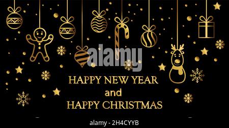 Weihnachtsbaumschmuck in Goldfarbe auf schwarzem Hintergrund - Vektor-Illustration Stock Vektor