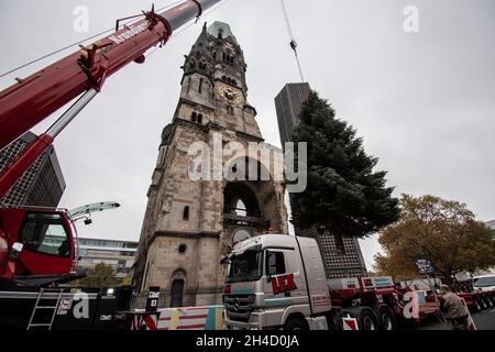 Berlin, Deutschland. November 2021. Mit Hilfe eines Krans wird der Weihnachtsbaum an der Gedächtniskirche aufgesetzt. Quelle: Paul Zinken/dpa/Alamy Live News Stockfoto