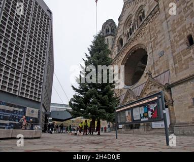 Berlin, Deutschland. November 2021. Mit Hilfe eines Krans wird der Weihnachtsbaum an der Gedächtniskirche aufgesetzt. Quelle: Paul Zinken/dpa/Alamy Live News Stockfoto