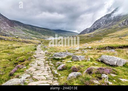 Gepflasterter Wanderweg hinauf zu den Gipfeln Glyder Fawr und Glyder Fach im Cwm Idwal Nature Reserve, Snowdonia, Wales, Großbritannien Stockfoto