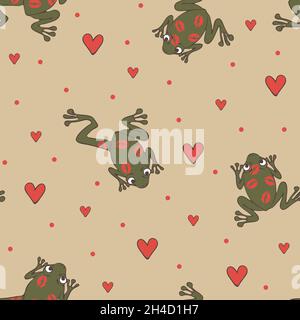 Nahtloses Vektor-Muster mit Fröschen und Liebesherzen auf rosa Hintergrund. Valentinstag Tapete Design mit Kiss me Frosch Prinz. Tiermotiven. Stock Vektor