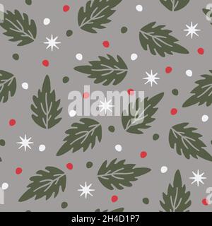 Nahtloses Vektormuster mit Blättern und Punkten auf grauem silbernen Hintergrund. Einfache Winter Tapete Design. Weihnachten florale Mode Textil. Stock Vektor