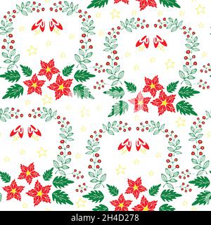 Nahtloses Vektor-Muster mit roten Blumen und Sternen auf weißem Hintergrund. Weihnachten Weihnachtsgeschenke Tapete Design. Urlaubsmode Textil. Stock Vektor