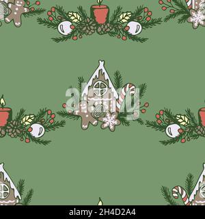 Nahtloses Vektor-Muster mit Lebkuchenhaus und Kerze auf grünem Hintergrund. Einfache Weihnachten süße Tapete-Design. Dekorative, festliche Mode. Stock Vektor
