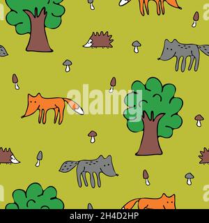 Seamless vector pattern with forest animals on green background. Children wallpaper design with wolf, hedgehog, fox. Hand drown childish animals. Stock Vektor