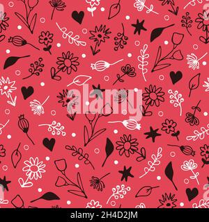 Nahtloses Vektor-Muster mit kleinen handgezeichneten Blumen auf rosa Hintergrund. Schlichtes Vintage-Floral-Tapetendesign. Sommer Wiese Mode Textil. Stock Vektor