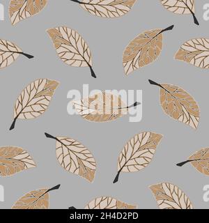 Nahtloses Vektormuster mit fallenden Blättern auf grauem Hintergrund. Einfaches strukturiertes Herbsttapete-Design. Dekorative Saison Mode Textil. Stock Vektor