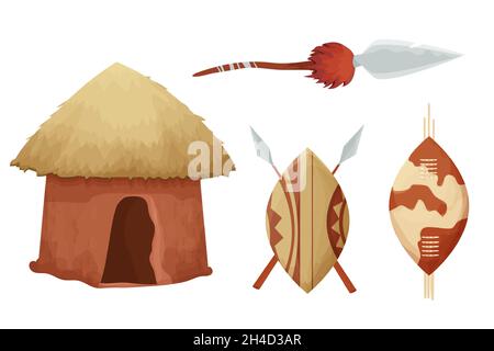 Set afrikanische Hütte mit Strohdach, Schild mit Speer in Cartoon-Stil isoliert auf weißem Hintergrund. Safari Tribal Sammlung, ländliche Wüste Gebäude. Vec Stock Vektor