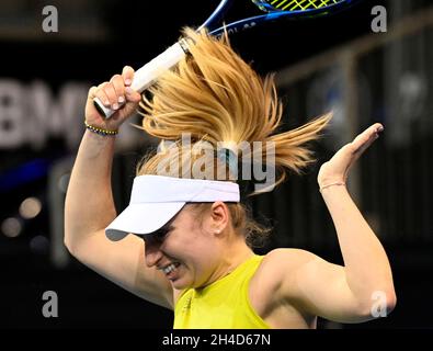 Prag, Tschechische Republik. November 2021. Daria Gavrilova (Australien) wird während des Spiels der Gruppe B gegen Greet Minnen (Belgien) am 2. November 2021 in Prag, der Tschechischen Republik, Im Frauen-Tennis Billie Jean King Cup (ehemaliger Fed Cup). Kredit: Michal Krumphanzl/CTK Foto/Alamy Live Nachrichten Stockfoto