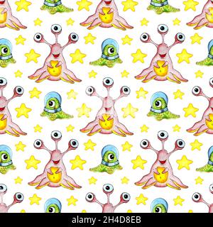 Nahtlose Aquarellmalerei von Aliens und Sternen. Handgezeichnetes kosmisches Muster im Hintergrund. Niedliche grüne und rosa Humanoide. Bekleidungsdruck, Design, w Stockfoto