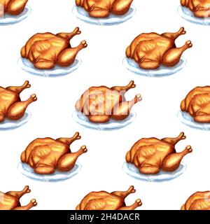 Aquarell-Malmuster von gebratenem Huhn auf einer Platte. Thanksgiving Herbst Hintergrund mit gerösteten Truthähne. Nahtloser, sich wiederholender Weihnachtsdruck. Isol Stockfoto