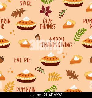 Thanksgiving Dinner Pattern – handgezeichnetes Muster aus Kürbiskuchen und Blättern. Vektor-Illustrationen einer festlichen Tafel mit einer Torte, Kürbis, türkei A Stock Vektor