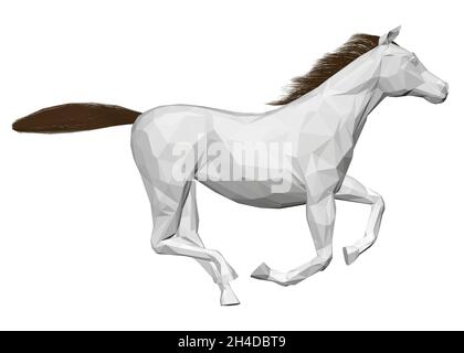 Modell eines niedrig poly weißen galoppierenden Pferdes aus isoliert auf weißem Hintergrund. Seitenansicht. 3D. Vektorgrafik Stock Vektor