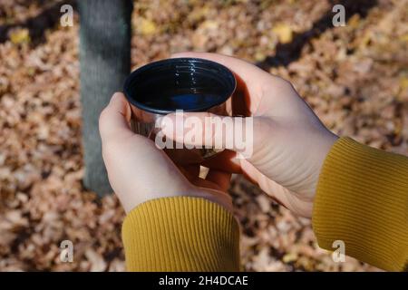 Eine Frau hält einen Thermobecher Tee im Herbstwald, Hände aus der Nähe Stockfoto