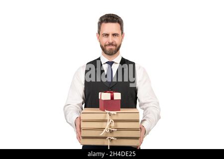 Business-Belohnung. Mann Vorbereitung Projekt. ceo mit Dokumenten und Geschenk-Box. Stockfoto