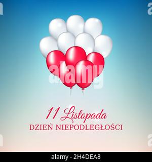 11. November, tag der Unabhängigkeit polens, Vektorvorlage. Luftballons in polnischen Flaggen-Farben. Blauer Himmel Hintergrund. Nationaler Feiertag. Übersetzung: November 11 Stock Vektor