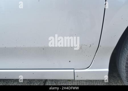 Schwarzer Punkt Asphalt Fleck Ausbreitung von der Baustraße auf silbernen Farbe Auto Hintergrund und Textur Stockfoto