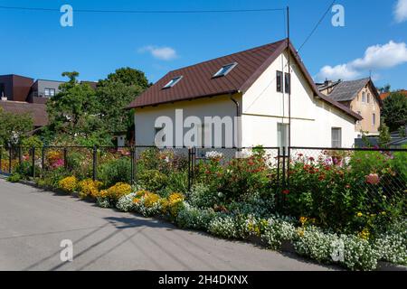 Wohnhaus mit einem schönen Blumengarten in der Kurstadt Zelenogradsk, Region Königsberg Stockfoto