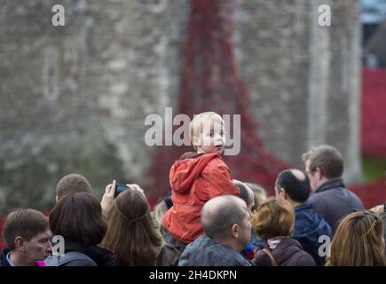 Die Besucher bewundern die Kunstinstallation „Blood Swept Lands and Seas of Red“, die aus Tausenden von Keramikmohn besteht – einer für jeden der britischen Todesopfer des Ersten Weltkriegs – von dem Künstler Paul Cummins am Graben im Tower of London Stockfoto