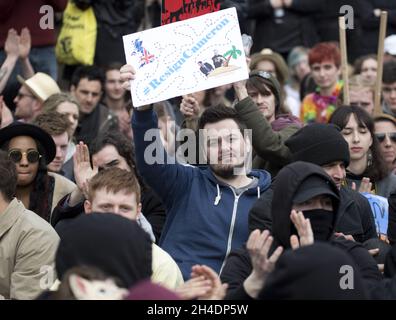 Demonstranten kommen in die Downing Street, um gegen die Verbindungen von David Cameron zu den Offshore-Finanzen zu demonstrieren und den Rücktritt des Premierministers zu fordern. Stockfoto