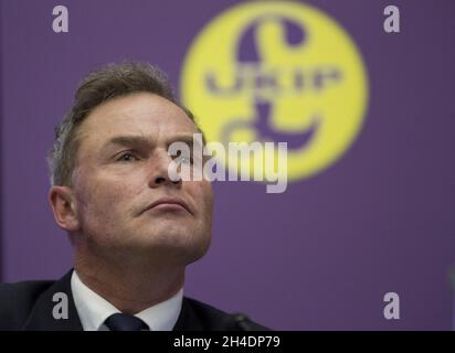 Peter Whittle, Kandidat des Londoner Bürgermeisters startet das Wahlprogramm der UKIP in London im Emmanuel Centre, Westminster, London. Stockfoto