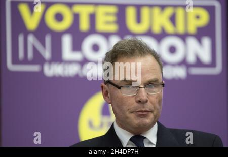 Peter Whittle, Kandidat des Londoner Bürgermeisters startet das Wahlprogramm der UKIP in London im Emmanuel Centre, Westminster, London. Stockfoto