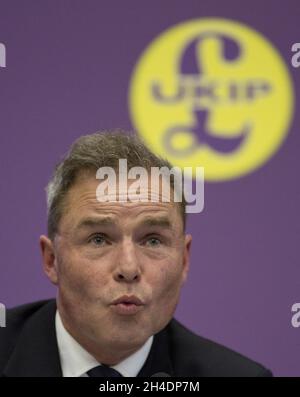 Peter Whittle, Kandidat des Londoner Bürgermeisters startet das Wahlprogramm der UKIP in London im Emmanuel Centre, Westminster, London. Stockfoto