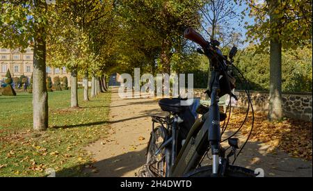 Halberstadt, 28. Oktober 2021: Fahrrad in Herbstallee auf Schotterweg zwischen beschnittenen Bäumen mit buntem Laub Stockfoto
