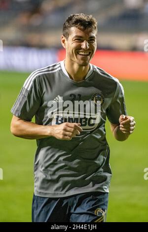 Anthony Fontana Smiling - Philadelphia Union MLS Fußballmannschaft - Profifußballer - amerikanischer Fußballspieler beendet Vorspielaufwärmungen Stockfoto