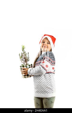 Sechs Jahre altes kaukasisches Mädchen in weißem Weihnachtspullover mit Rentieren und Weihnachtsmannhut, der einen kleinen Weihnachtsbaum in einem Topf hält, isoliert auf Weiß Stockfoto