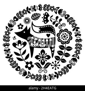 Skandinavische niedliche Volkskunst Vektor rund schwarz-weiß Muster mit Blumen und Fuchs, florale Grußkarte oder Einladung von traditionellen embro inspiriert Stock Vektor