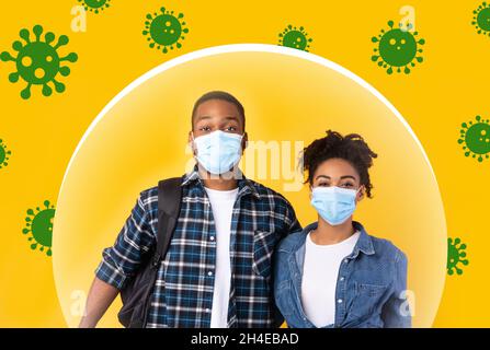 Junges Schwarzes Paar Mit Medizinischen Schutzmasken, Collage Stockfoto
