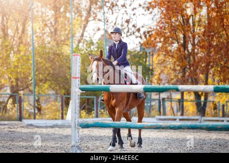 Junge Teenager-Mädchen reiten Pferd vor ihrem Springprüfung Stockfoto