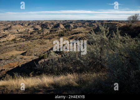 Medora, North Dakota, USA. Oktober 2021. 27. Oktober 2021. MEDORA, N.D., USA. Der malerische Blick auf die südliche Einheit des Theodore Roosevelt National Park über den Painted Canyon ermöglicht den Blick auf die farbigen Felsformationen und erodierten Canyons der Badlands von North Dakota in der Nähe der Stadt Medora, N.D. Der Park ist dem ehemaligen Präsidenten der Vereinigten Staaten gewidmet, der Zeit auf Büffeljagd in der Gegend verbracht hat, in der noch immer eine beträchtliche Herde Bison beheimatet ist, die in der Gegend beheimatet sind. (Bild: © Ralph Lauer/ZUMA Press Wire) Stockfoto