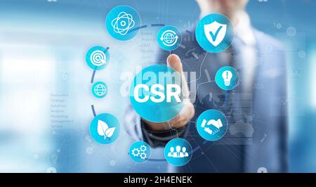 CSR Corporate Social Responsibility Business Technology Konzept auf virtuellem Bildschirm. Stockfoto