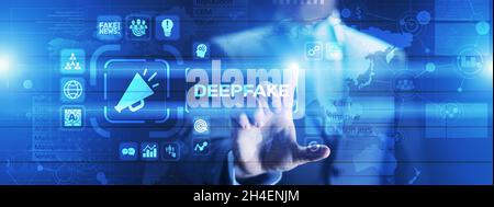 Deep Fake News Künstliche Intelligenz in Medientechnik Konzept auf virtuellem Bildschirm. Stockfoto