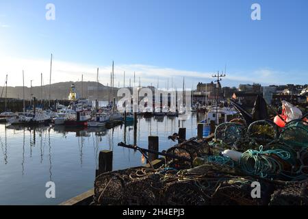 Ruhiges Wasser im Scarborough Harbour - Hummer-Töpfe - Oliver's Mount - Sunny Winters Day - Yorkshire Großbritannien Stockfoto