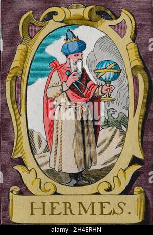 Der Alchemist Hermes Trismegistus. Legendäre hellenistische Figur. Schöpfer der Alchemie. Gravur. Stockfoto