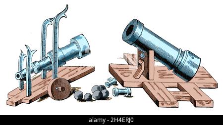 Mittelalter. Bombarden auf festen und rollenden Wagen. Gravur, 19. Jahrhundert. Stockfoto