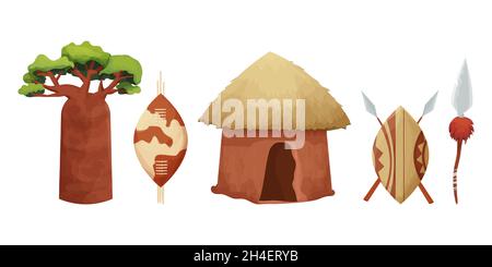 Set afrikanische Hütte mit Strohdach, Baobab Schild mit Speer in Cartoon-Stil isoliert auf weißem Hintergrund. Safari Tribal Kollektion, ländliche Wüste gebaut Stock Vektor