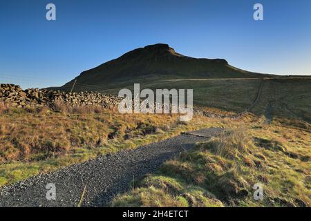 Fußweg zum Gipfel des Penyghent, einem Berg in den Yorkshire Dales und einem der berühmten „drei Gipfel“. Stockfoto